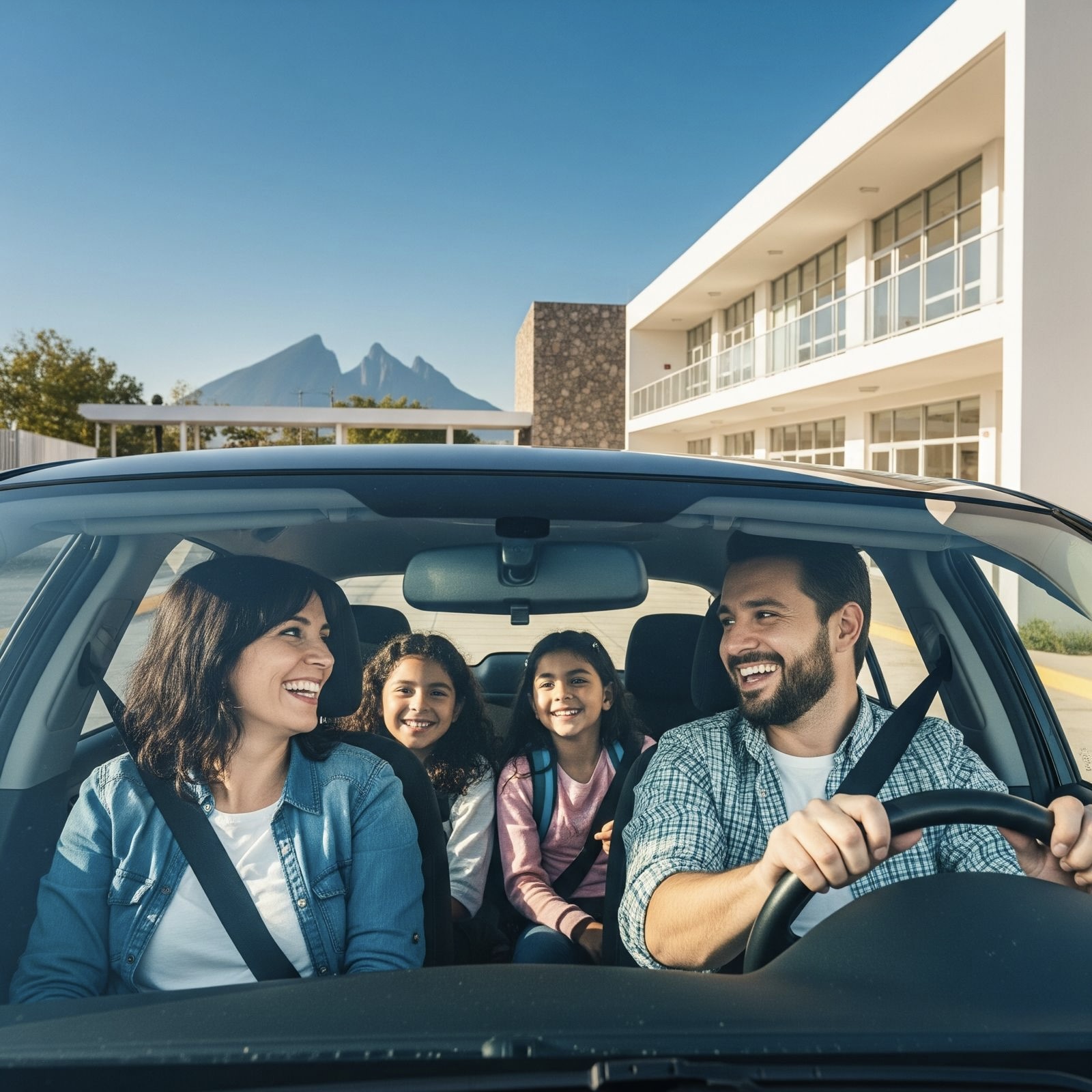 [Imagen de una familia feliz de Monterrey en su coche después de recoger a sus hijos del colegio, con el Cerro de la Silla al fondo]