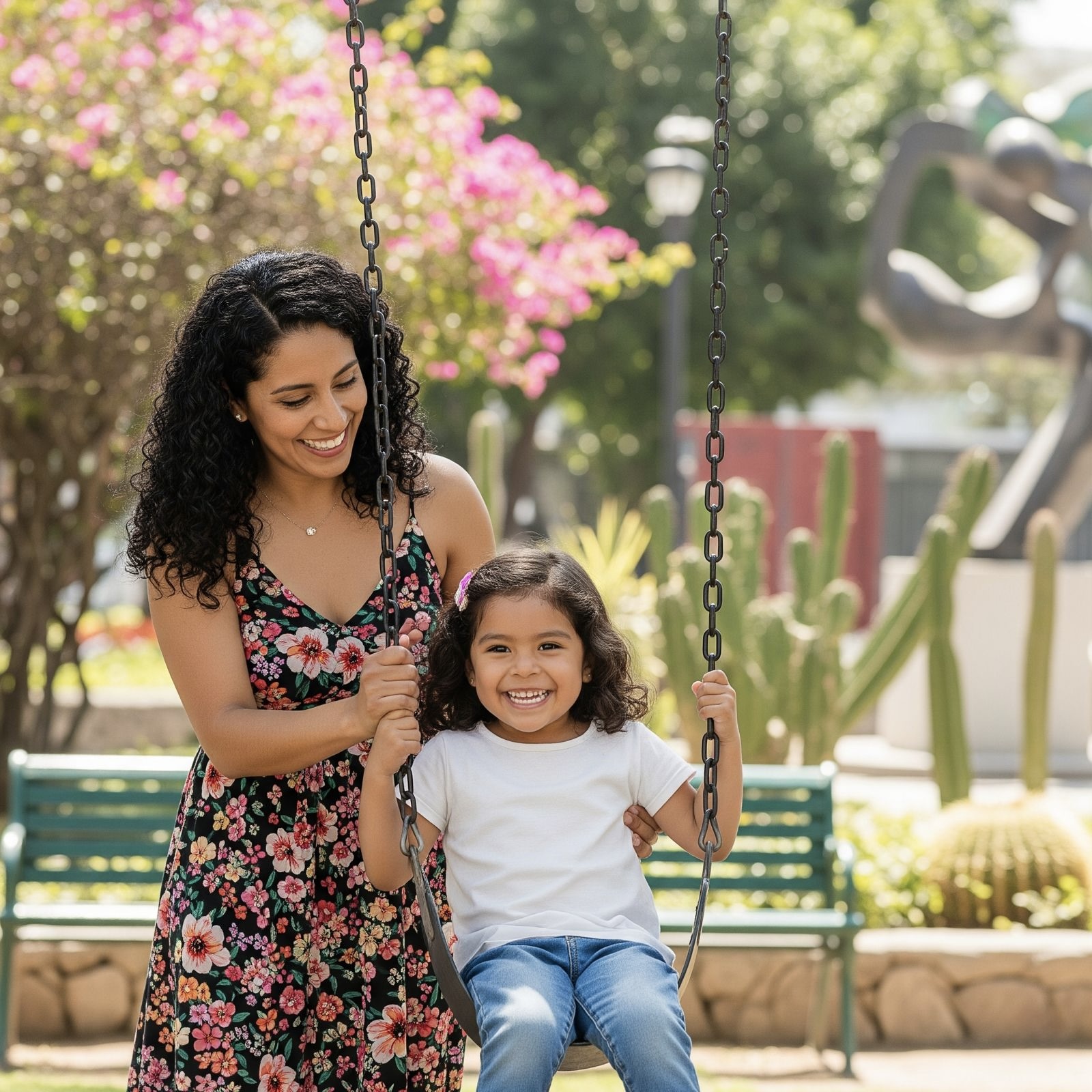 [Imagen de una madre y su hija de Monterrey jugando en un columpio en un parque]